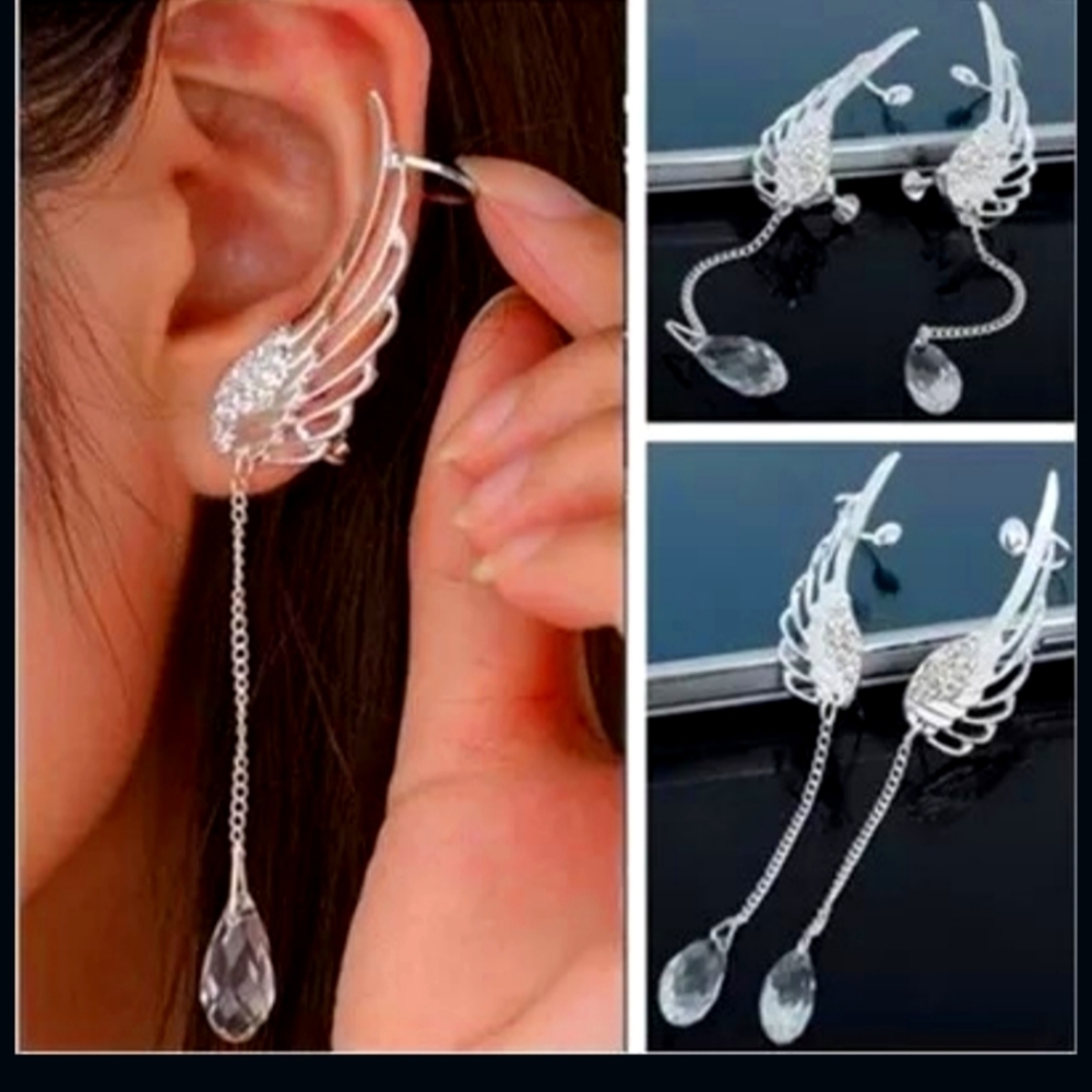 Angel Wing Silver 925 Crystal Tassel Chain Drop Ear Cuff Stud Rhinestone